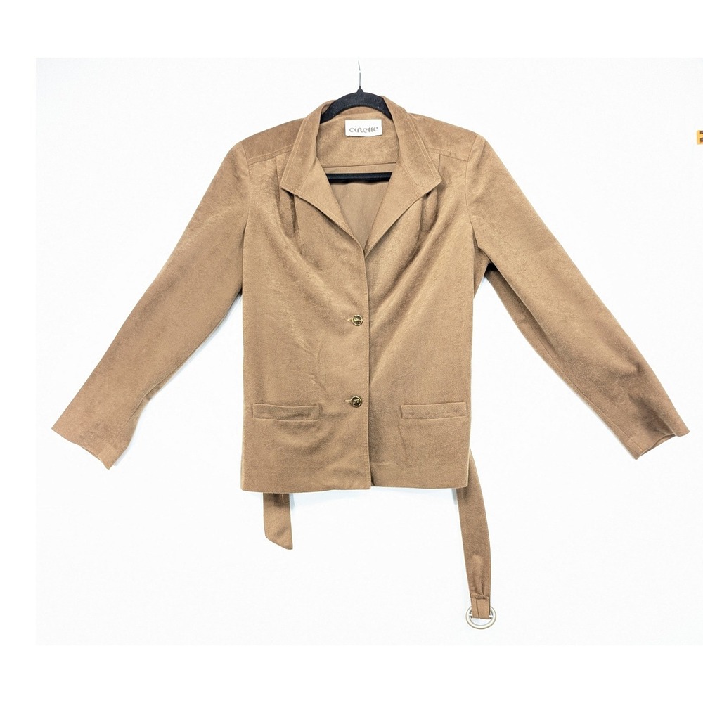 Vintage Cirette Brown Faux Suede Blazer Jacket Belted Ring Detail Womens Small